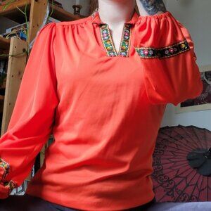 Vintage Irving Nadler puffy sleeve orange blouse with floral details - S